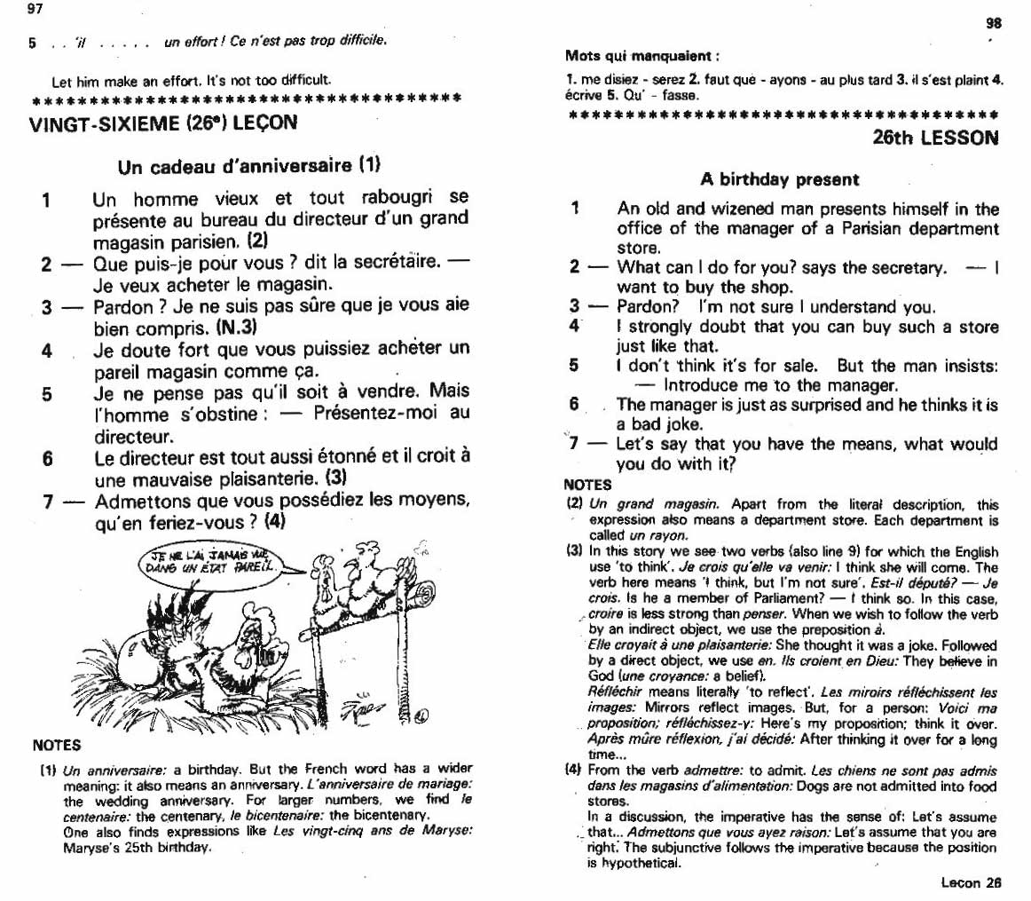 Image of a page from lesson 26 of Assimil Using French language learning book featuring a French language lesson with a dialogue between two people, accompanied by English translation and notes. 