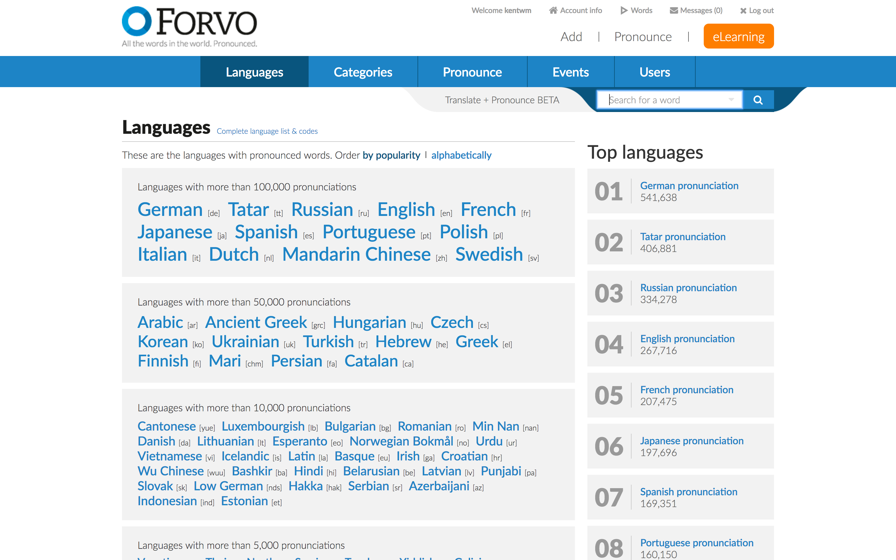 Languages available on Forvo