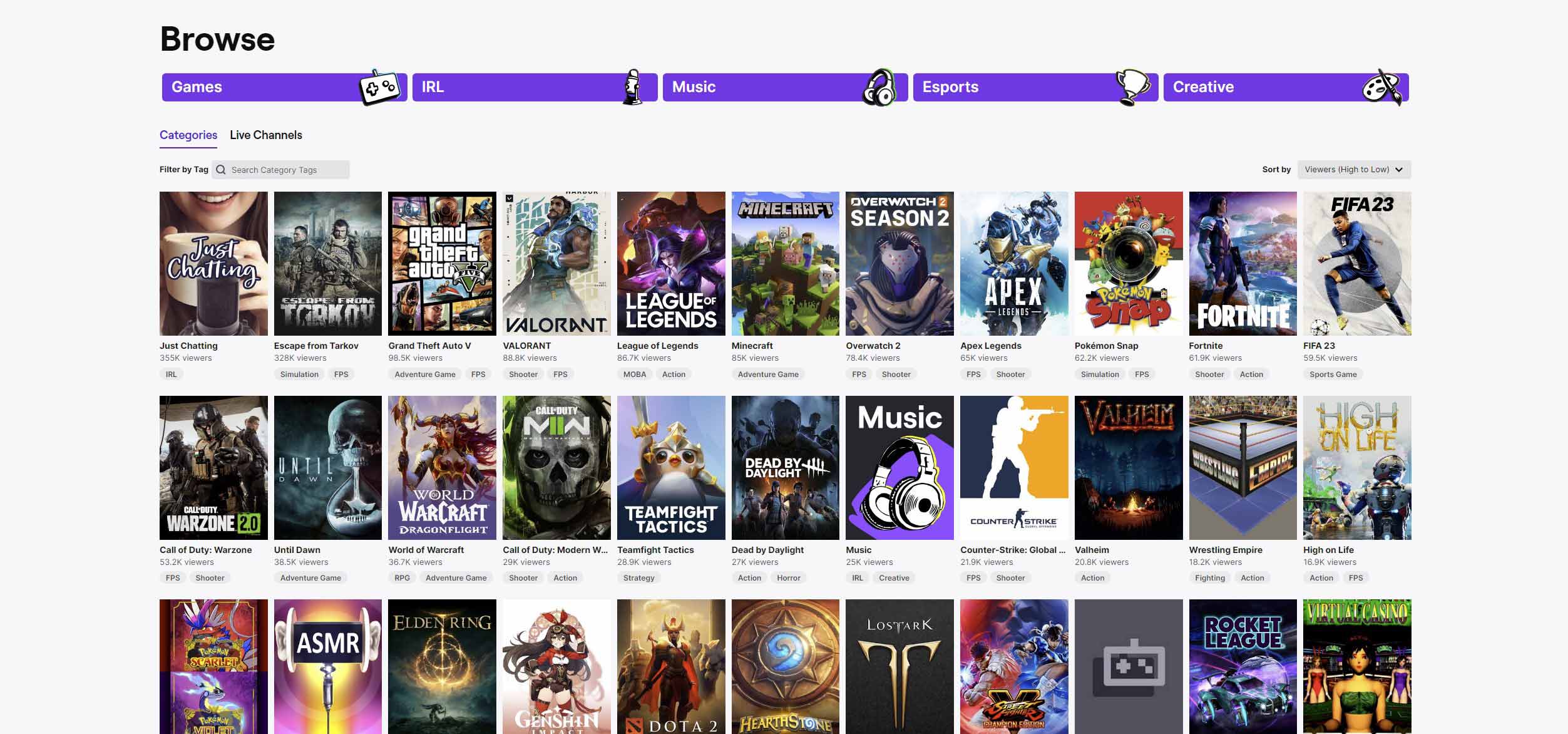 Main browse menu of Twitch