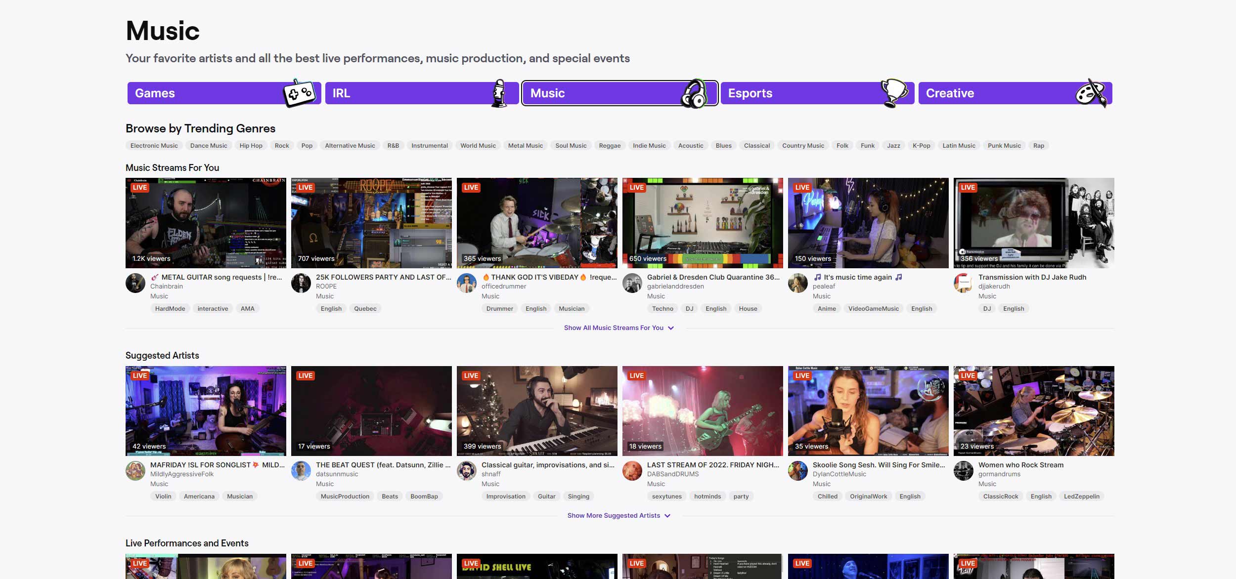 Music section on Twitch