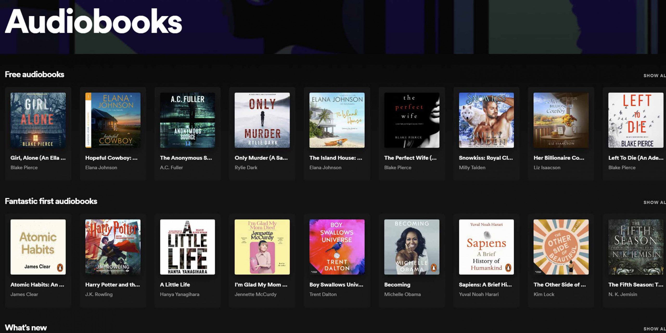 Image of a screenshot from the Spotify app, showing a selection of audiobooks available on the platform. The audiobooks include titles such as 'Harry Potter and the Philosopher's Stone', Atomic Habits by James Clear, among others."