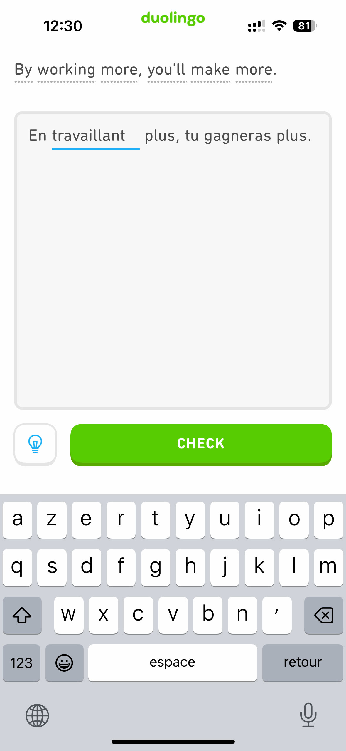 A screenshot of a complete the translation exercise on the Duolingo mobile app.