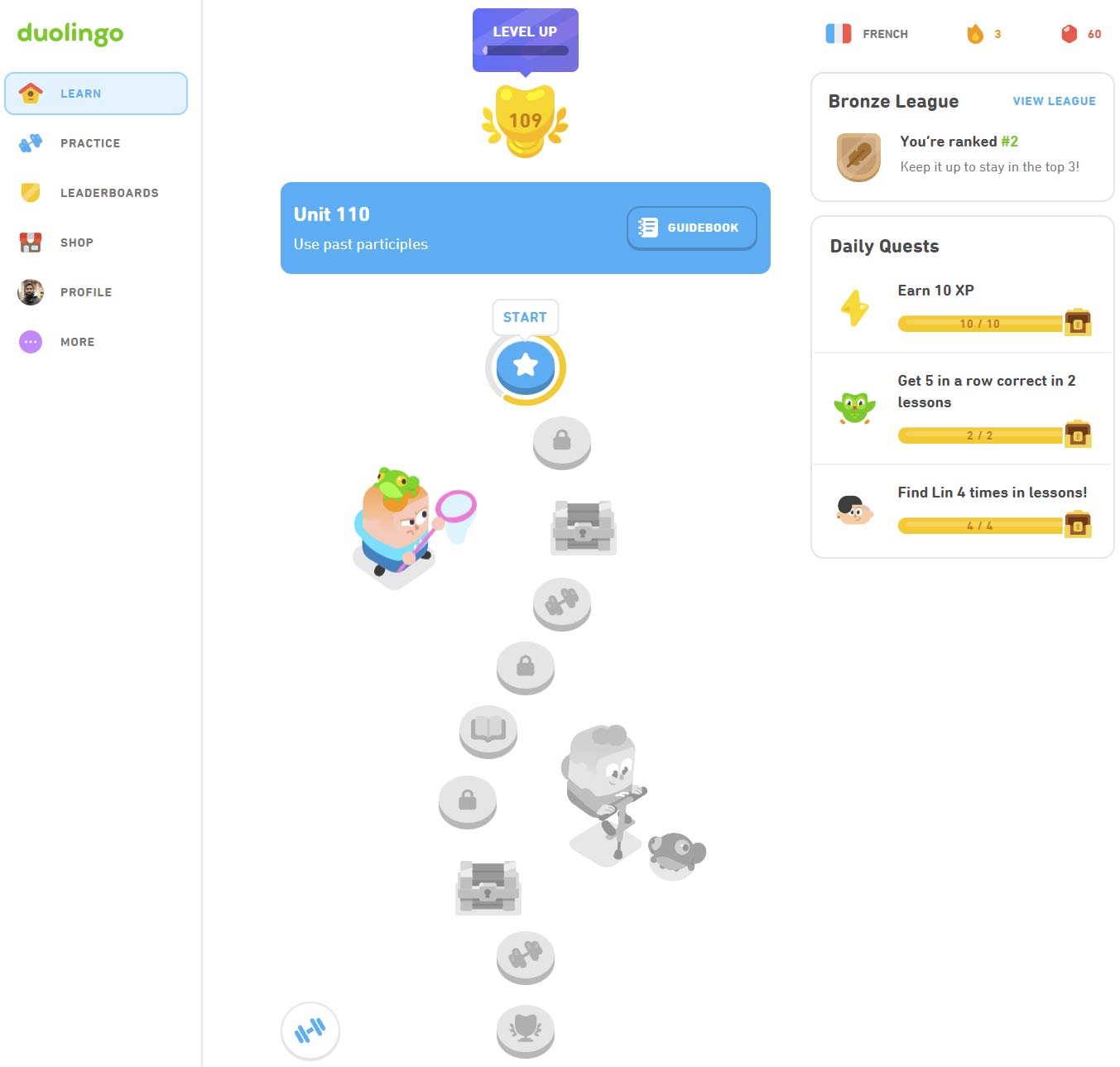 Screenshot of the Duolingo web interface, showcasing a visually appealing layout with language lessons, progress tracking, and gamification elements, providing an engaging and user-friendly experience for online language learning