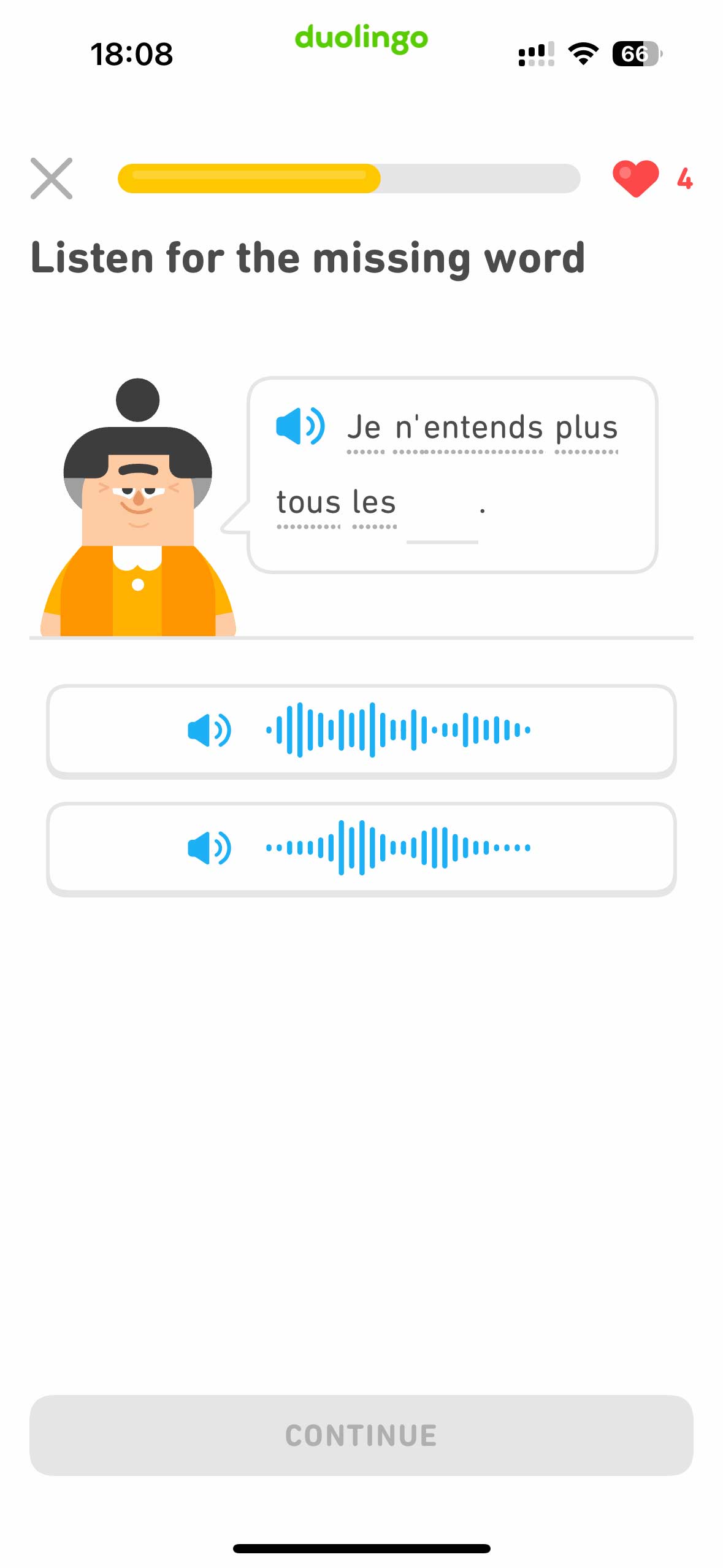 Duolingo listening exercise with a speaker icon, a sentence in the target language, and multiple-choice options for translation