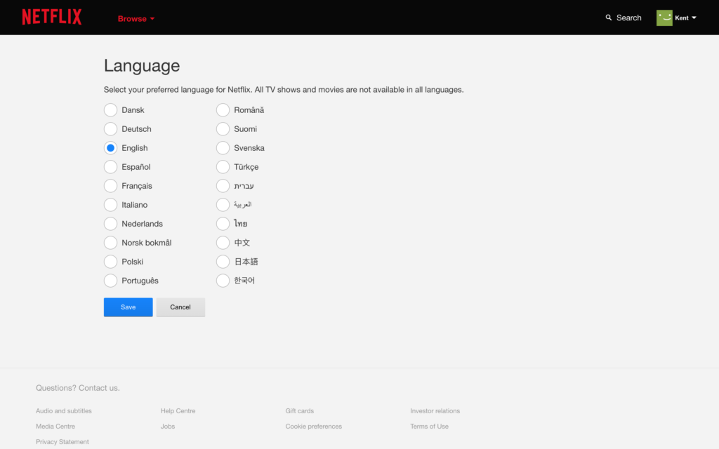 A picture of the Netflix language settings page