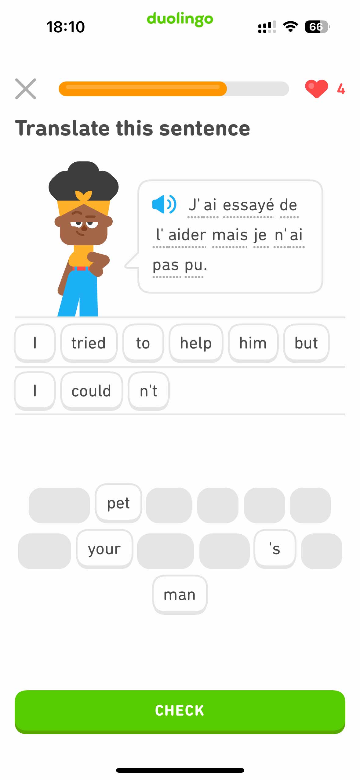 Duolingo translation exercise featuring word bubbles in the target language to be arranged into a correct sentence translation